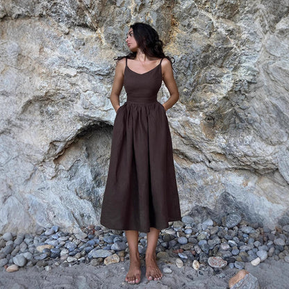 Pure Cotton V neck with Shoulder Straps Women Spring Elegant Sexy Lace up Backless Dress - Wanita Store