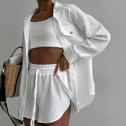 Women Clothing Spring Collared Loose Shirt High Waist Shorts Two Piece Set Casual Set - Wanita Store