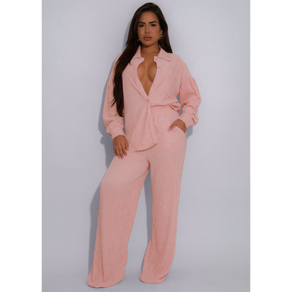 Women Elastic Crumpled Lace up Multi Pocket Swing Pants Wide Leg Pants Two Piece Sets - Wanita Store