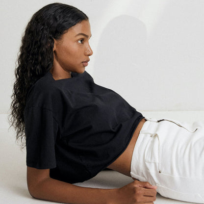 Sexy Short Sleeved T shirt Women Summer Pure Cotton Solid Color Short Cropped round Neck Sports Top - Wanita Store