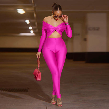 Women Clothing Collared Twist Hollow Out Cutout Cropped Sexy High Waist Long Sleeve Jumpsuit - Wanita Store