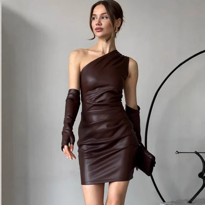 Faux Leather Dress Street Hipster Women Clothing Diagonal Collar Sleeveless Oversleeve Tight Waist Sheath Dress - Wanita Store