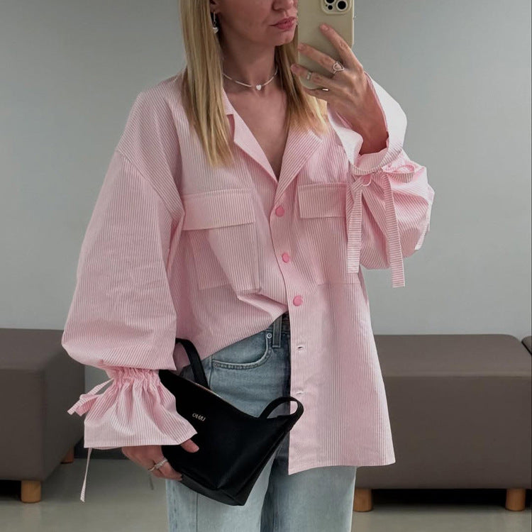 Fashionable Striped Office French Shirt for Women Spring Autumn Printing Collared Bell Sleeve Loose Pockets Shirt - Wanita Store
