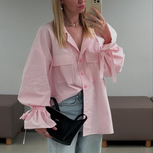 Fashionable Striped Office French Shirt for Women Spring Autumn Printing Collared Bell Sleeve Loose Pockets Shirt - Wanita Store