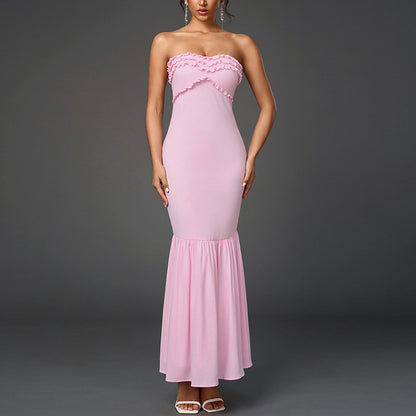 Chiffon Tube Top Dress Sexy Backless Wooden Ear Smocking Stitching Hip Dress - Wanita Store