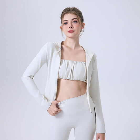 Faux Leather Nude Feel Sports Jacket Slim Fit Slimming Zipper Workout Clothes Top Hooded Comfortable Yoga Clothes Long Sleeve