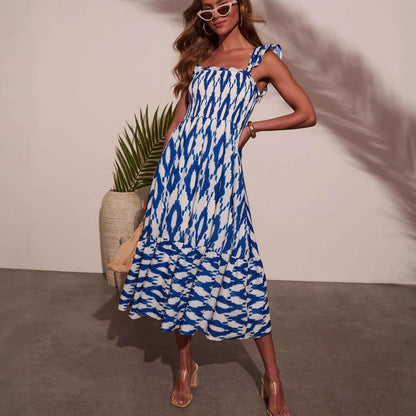 Vestido de Verano para Mujer Estampado Sexy Cuello Cuadrado Fruncido Plisado Tirantes Falda Acampanada Grande
