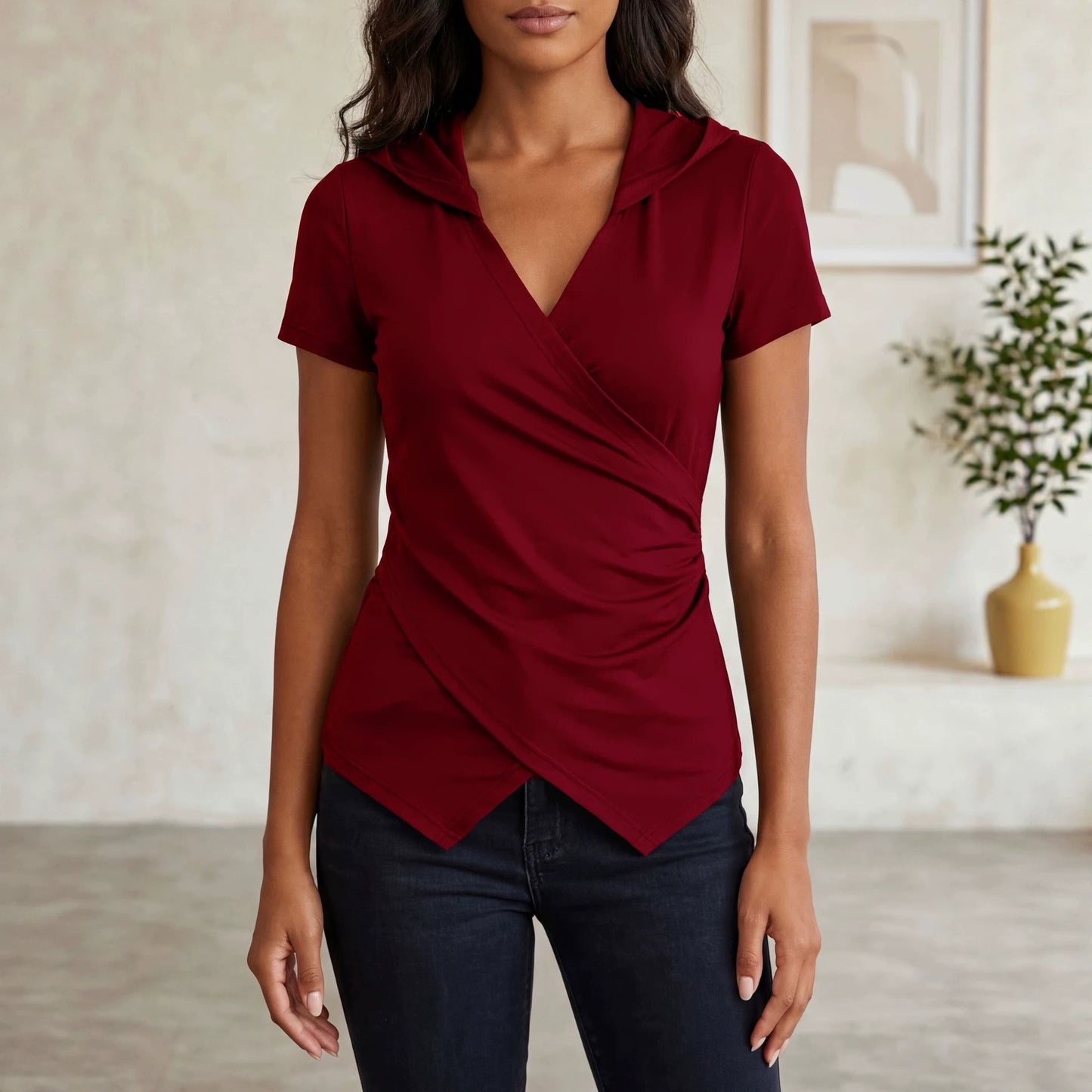 Ropa de mujer Verano Cuello en V Color sólido Delgado Adelgazante Irregular Asimétrico Manga Corta Camiseta Top
