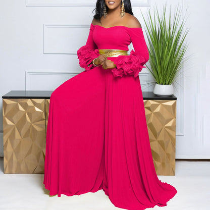 Off Neck Ruffle Sleeve Solid Color Pleated Wide Leg Jumpsuit - Wanita Store