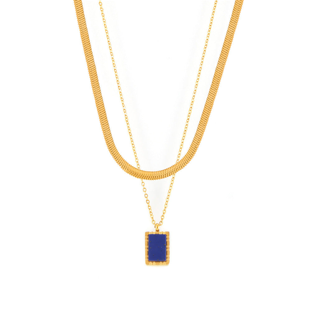 Natural Blue Lapis Lazuli Geometric Abstract Square Plate Clavicle Chain Titanium Steel Plated 18K Gold Stacked Necklace for Women - Wanita Store