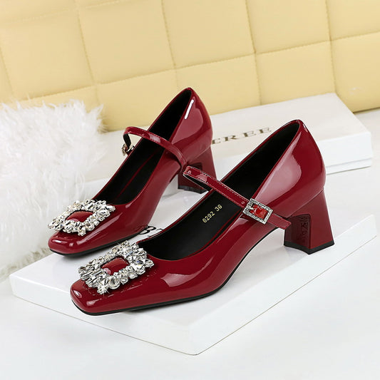 Mary Jane Shoes Women Chunky Heel LowCut Square Head Shiny Patent Leather Rhinestone Ankle Strap Shoes Women
