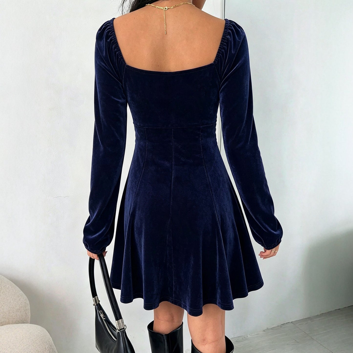 V neck Velvet Women Autumn Winter Puff Sleeve Waist Slimming A line Dress