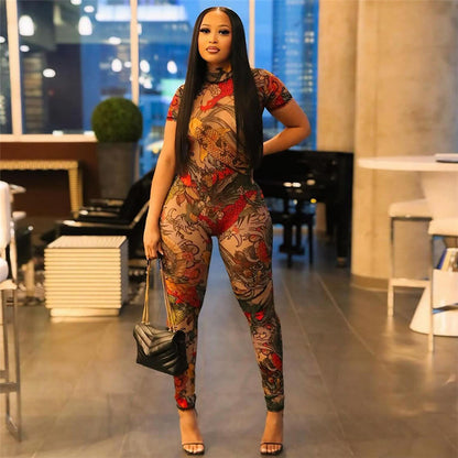 Summer Women Clothing Sexy Backless Printed Sheer Mesh Jumpsuit for Women - Wanita Store