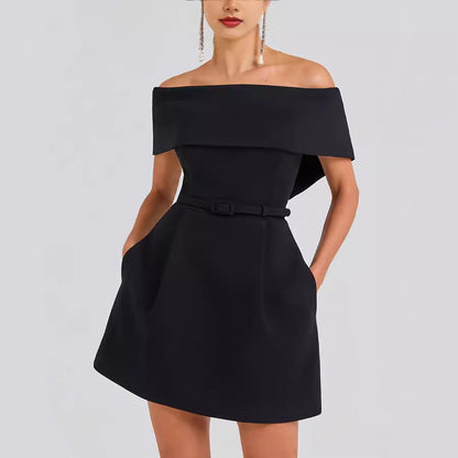 Spring Summer Waist Belt Off Shoulder Dress Casual Party Dress Dress Women - Wanita Store