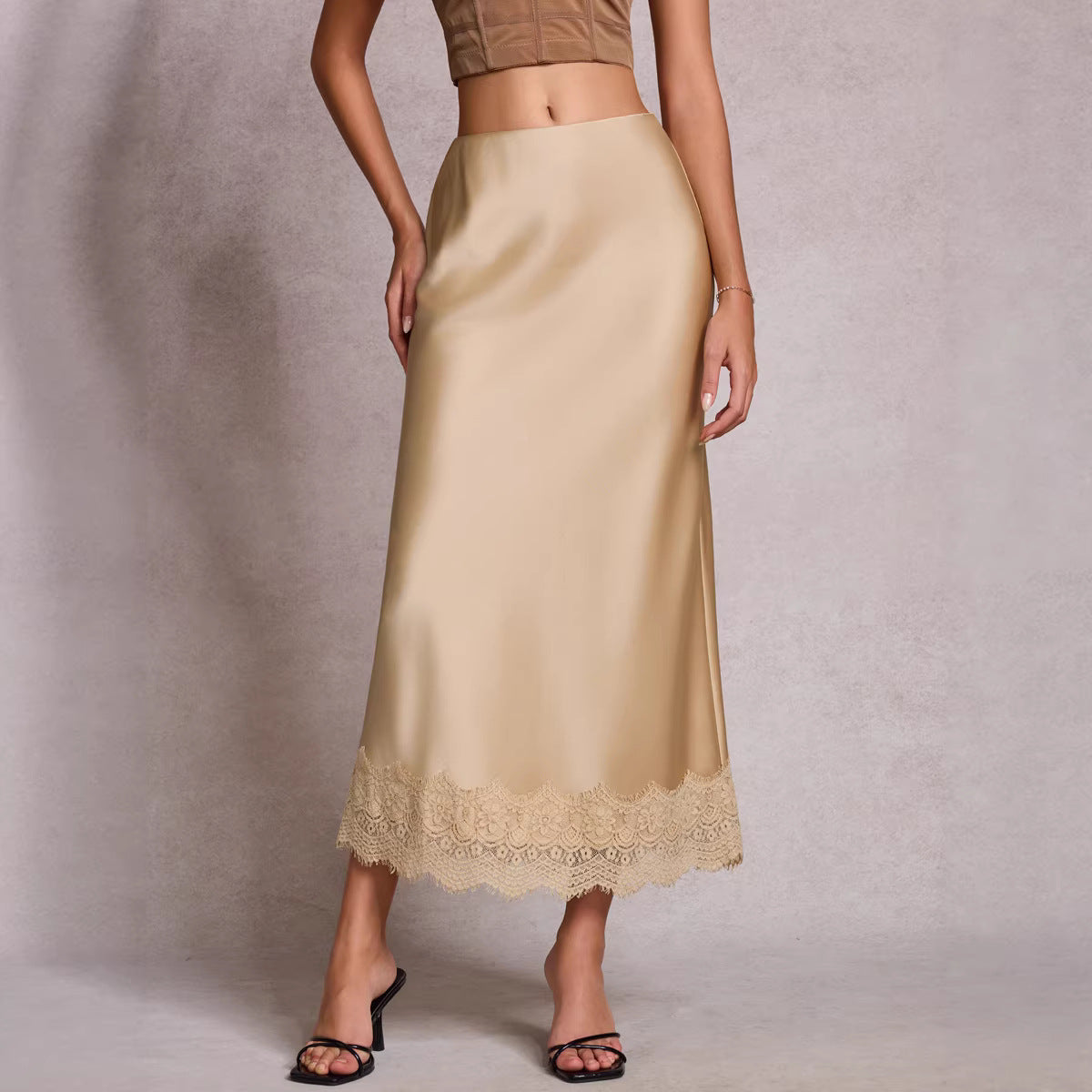 Falda de mujer de encaje satinado, cintura alta elástica, elegante, tipo tubo