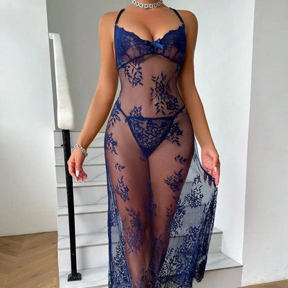 Nuisette sexy transparente en maille brodée pour femme