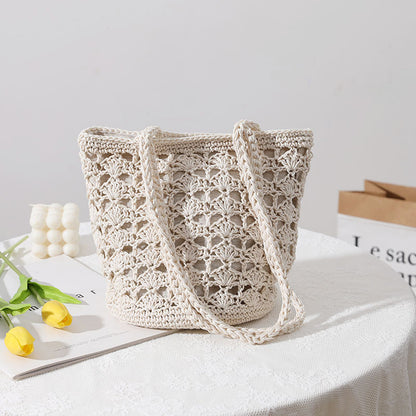 Korean Hollow Out Cutout Cotton Thread Hand Woven Bag Chi Elegant One Shoulder Portable Straw Weaved Bag Seaside Vacation Beach Bag - Wanita Store