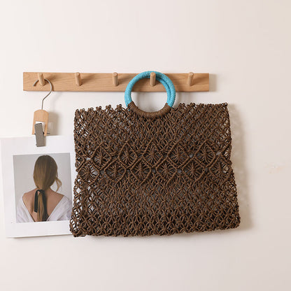 Round Handle Portable Square Straw Bag Summer Hollow Out Cutout Pattern Straw Bag Woven Bag Women Seaside Vacation Beach Bag - Wanita Store