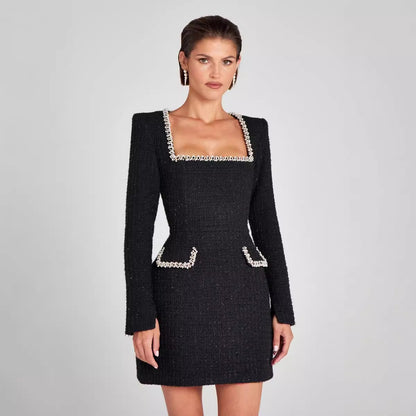 Elegant Slim Fit Slimming U Neck Long Sleeved Beaded Classic Dress Women - Wanita Store