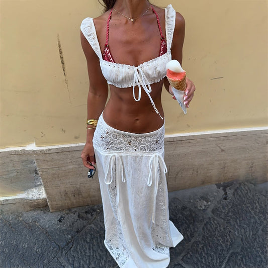 Women Solid Color Sexy Waist Beach Skirt Set