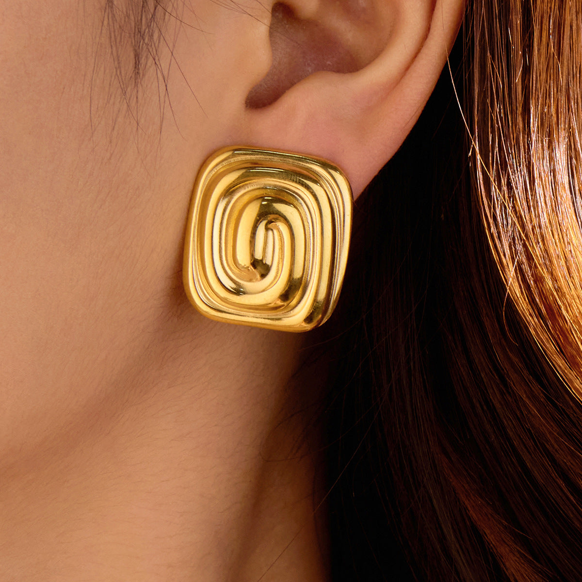 Gold Stainless Steel Rectangular Spiral Texture Titanium Steel Earrings Non Fading Stainless Steel Studs Women - Wanita Store