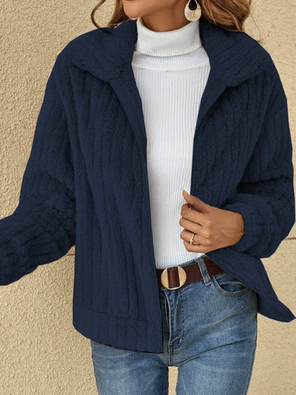 Women Clothing Autumn Winter Sunken Stripe Velvet Collared Short Coat Outerwear - Wanita Store