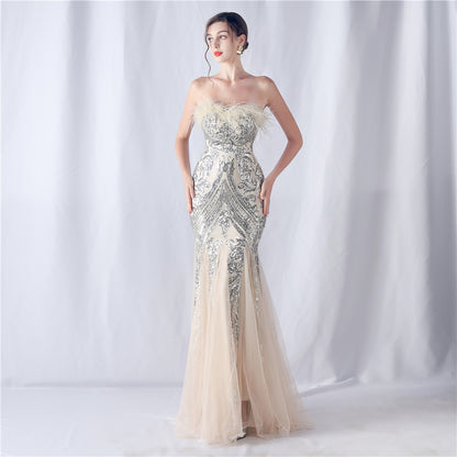 Ostrich Feather Positioning Floral Cutting Wedding Annual Meeting Tube Top Sequin Gauze Evening Dress - Wanita Store
