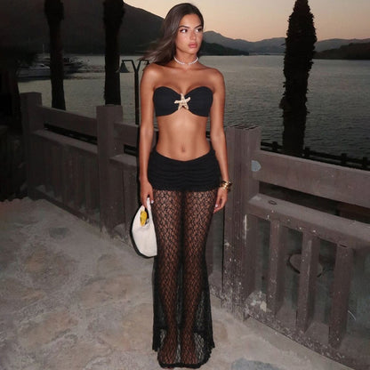 Summer Women Clothing Solid Color Sexy Lace up Tube Top Lace Maxi Skirt Two Piece Set for Women - Wanita Store
