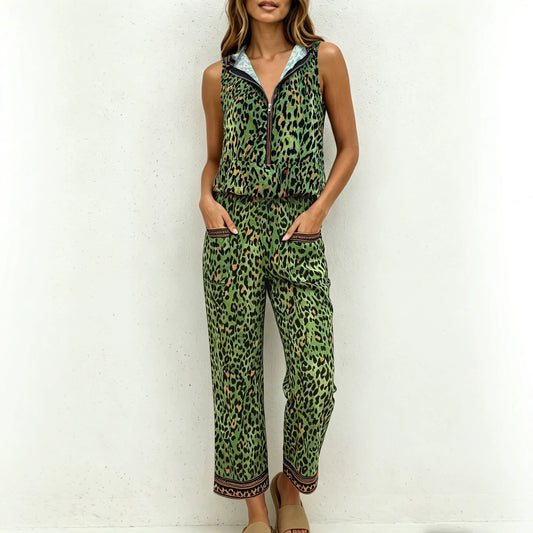 Vacation Leopard Print Sleeveless Vest Wide Leg Pants Women Hooded Sleeveless Side Pocket Casual Jumpsuit