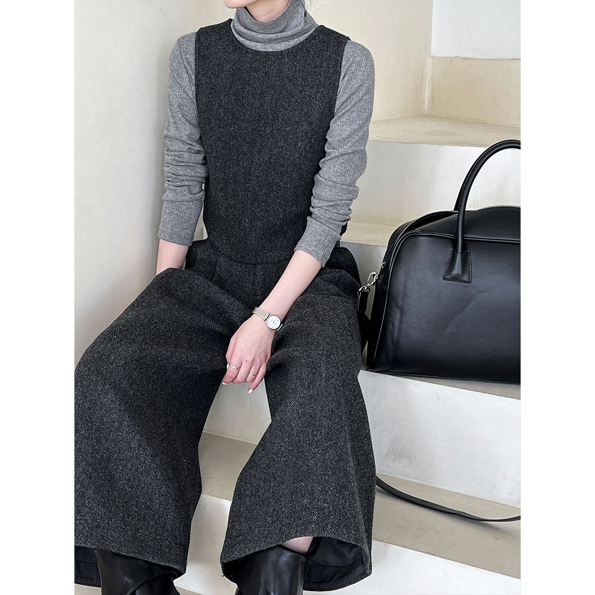 Two Way Vest Wide Leg Pants Women Autumn Winter Woolen Two Piece Sets