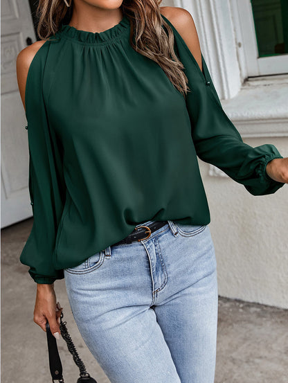 Autumn Winter Women Solid Color Lotus Leaf Round Neck Long Sleeve Pleated Off Shoulder Blouse - Wanita Store