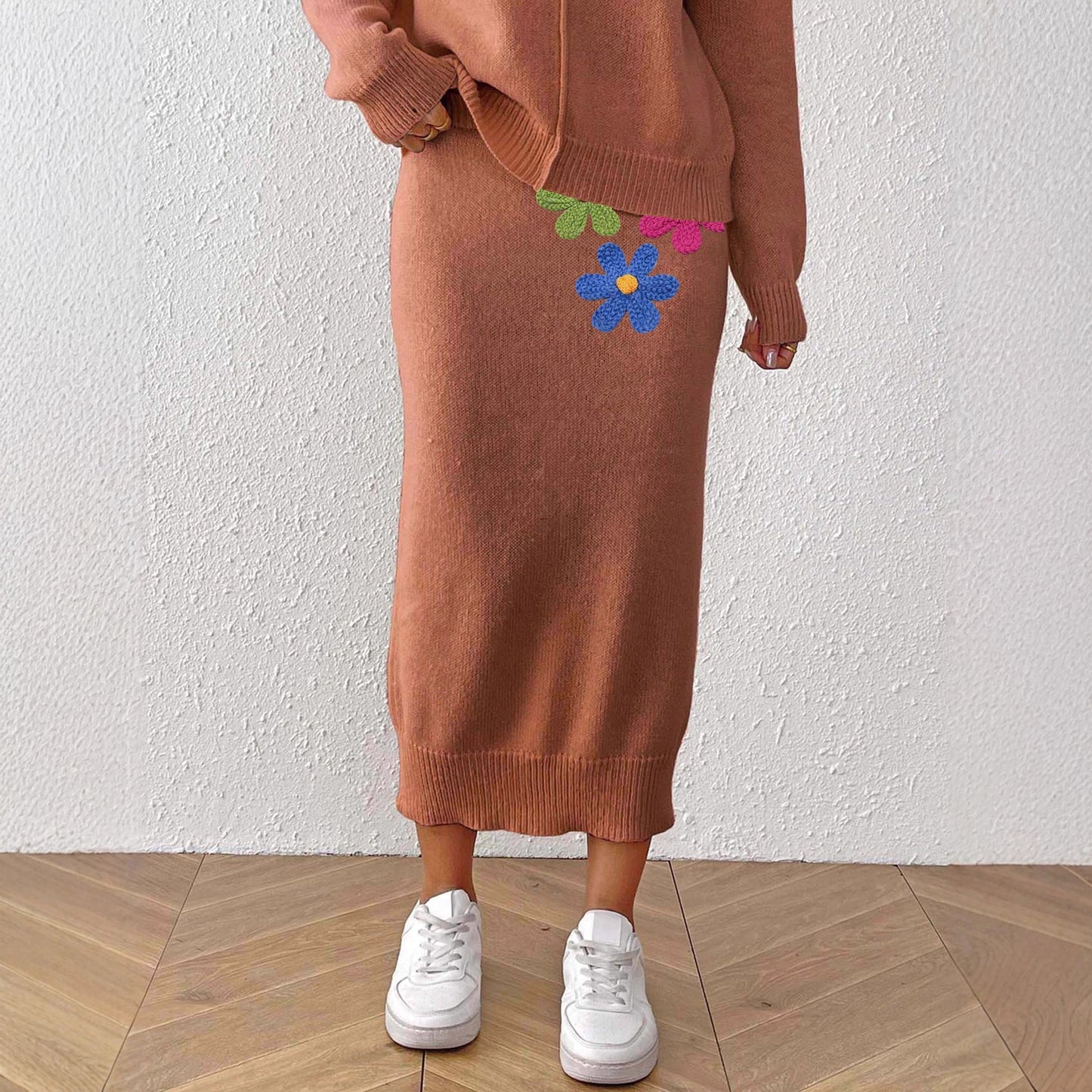 Women Clothing Mid Length Elegant Skirt Embroidered Floral Stitching Woolen Skirt