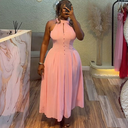 Women Clothing Summer Elegant Halter Sleeveless Waist Slimming Pink Mid Length Dress - Wanita Store