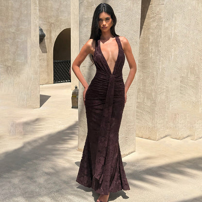 Lace Pleated Maxi Dress Women Sexy Deep V Plunge neck Backless Sheath Dress - Wanita Store