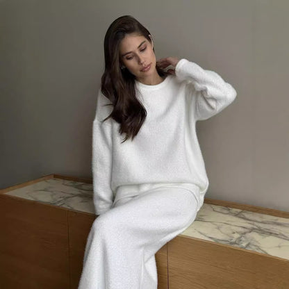 Autumn Winter Elegant Soft Thickened Round Neck Sweater Fishtail Skirt Two Piece Set Women Office Lady Top Skirt Set - Wanita Store