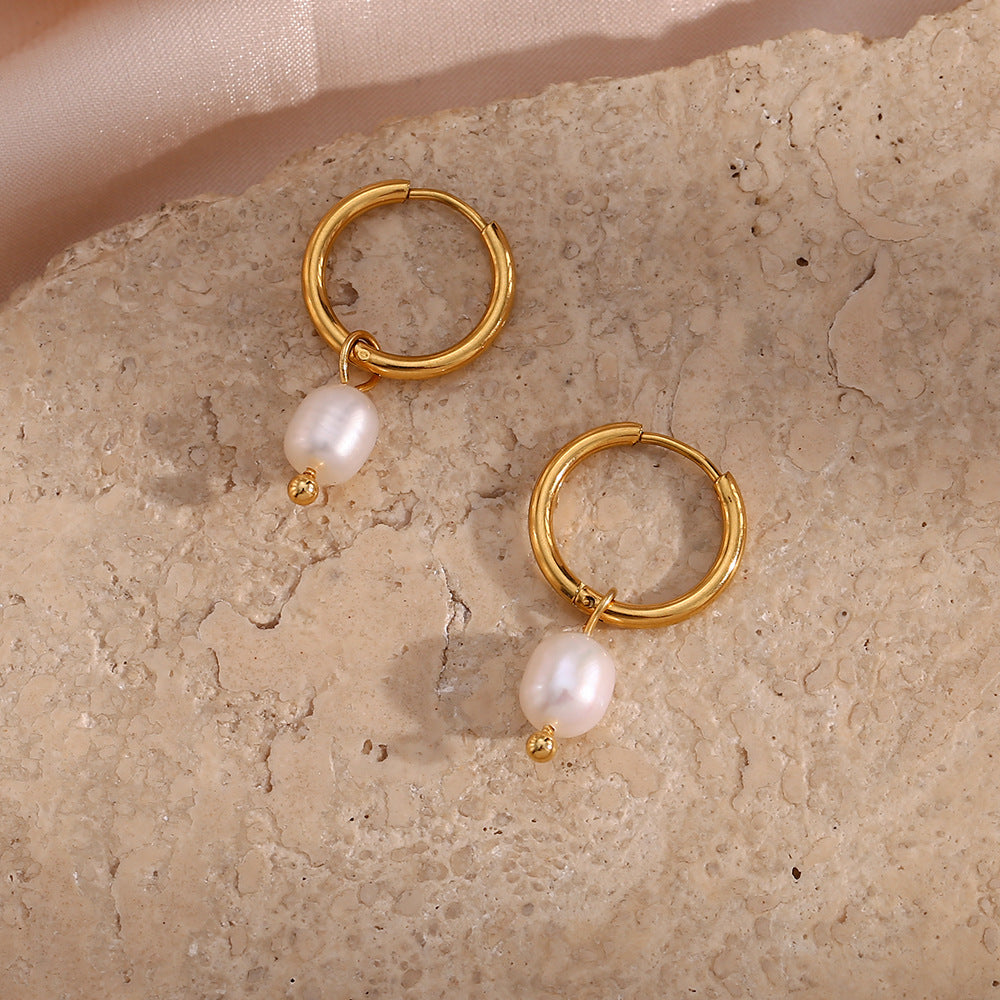 Simple Light Luxury Earrings Jewelry Stainless Steel Plated 18K Gold Freshwater Pearl Gold Ear Ring Accessories - Wanita Store