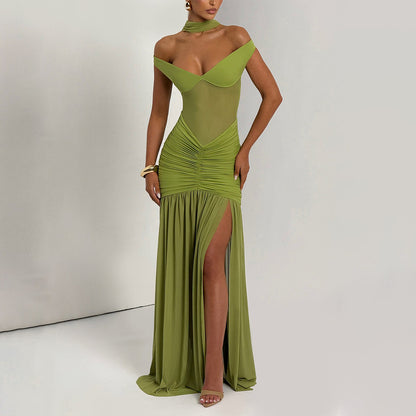 Summer Sexy Tube Top Backless Dress Mesh Pleated Slit Dress - Wanita Store