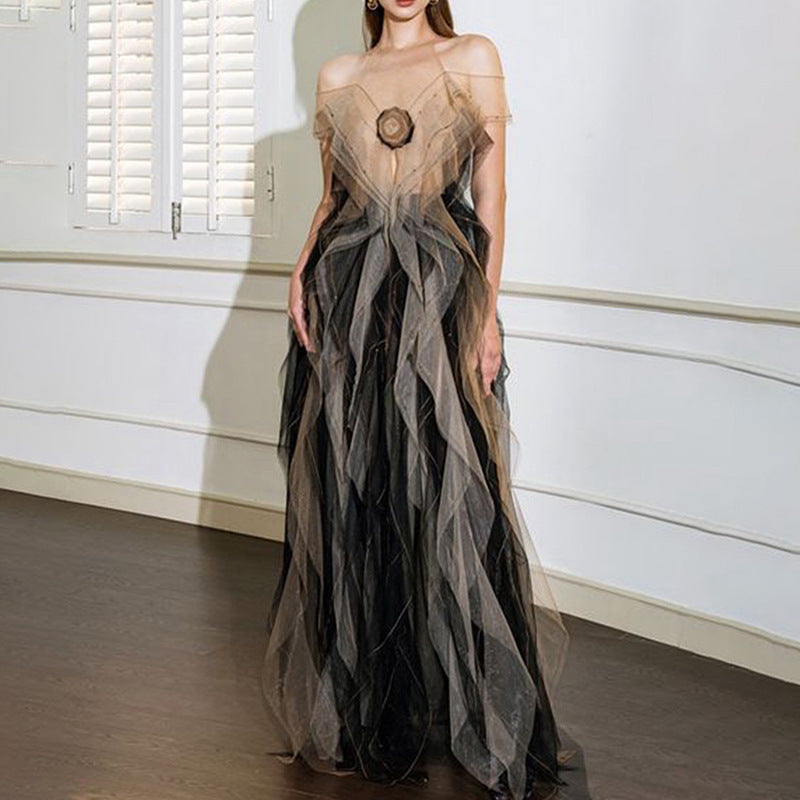 Graceful Formal Dress Fall Sexy Cold Shoulder Mesh Floral Stitching Contrasting Color Dress Women