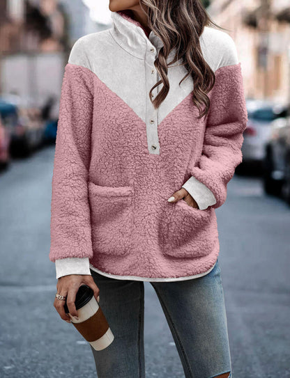 Fall Winter Patchwork Pocket Button Long Sleeve Women Coat - Wanita Store