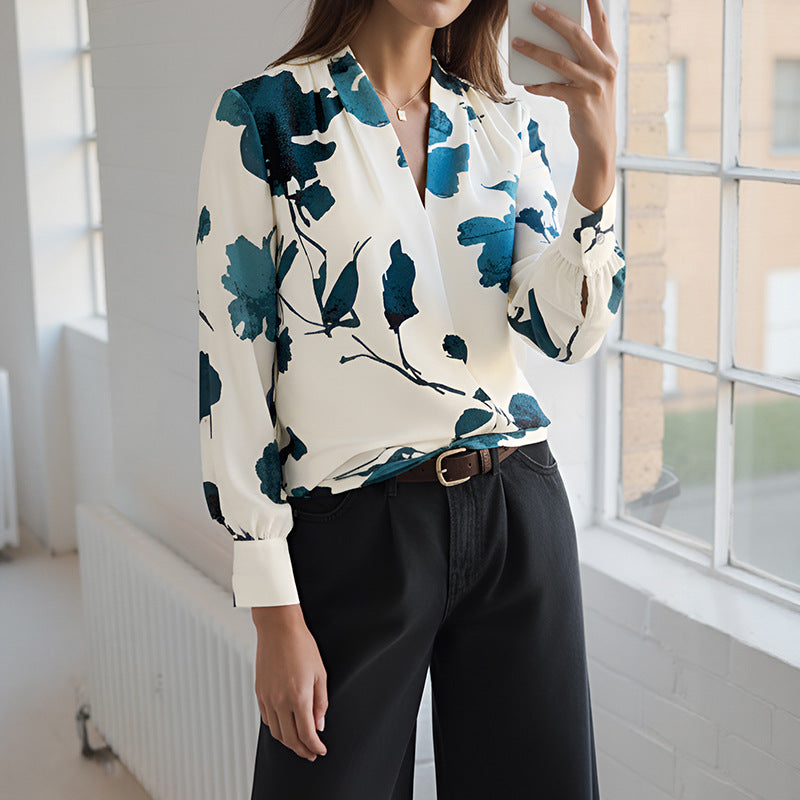 Spring Autumn Casual Artistic Shirt Long Sleeve Ink Floral Printed Shirt - Wanita Store