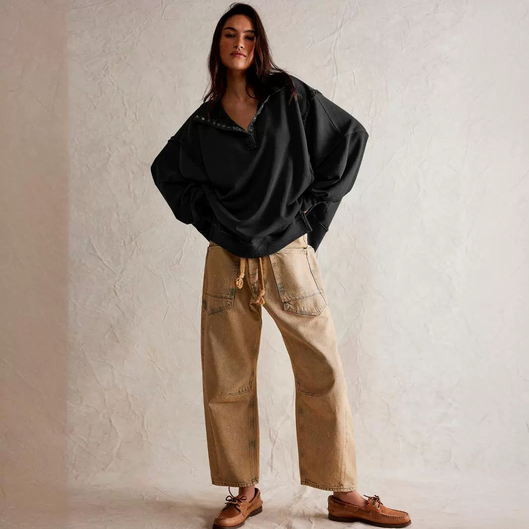 Decorative Moulding Design Blouse Split Lantern Sleeve Polo Collar Sweatshirt Coat for Women Spring Autumn