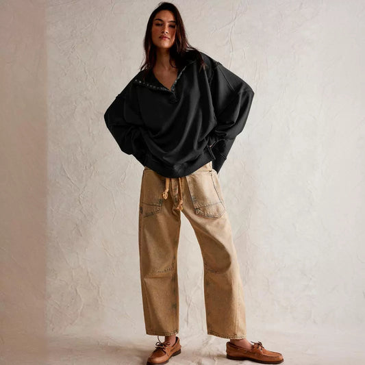 Decorative Moulding Design Blouse Split Lantern Sleeve Polo Collar Sweatshirt Coat for Women Spring Autumn