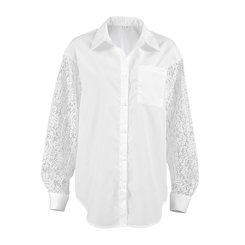 Spring Lace Stitching Hollow Out Cutout Backless Design Long Sleeve Collared Office Shirt for Women - Wanita Store