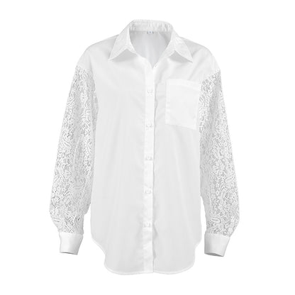Spring Lace Stitching Hollow Out Cutout Backless Design Long Sleeve Collared Office Shirt for Women - Wanita Store