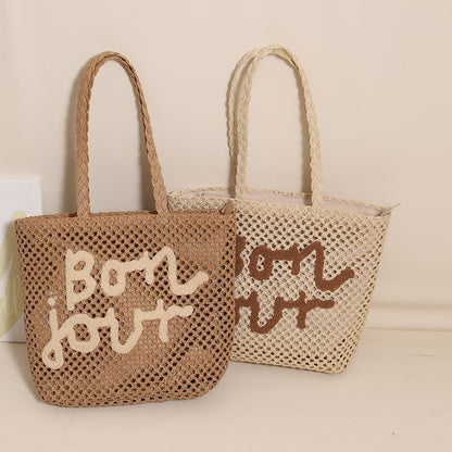 Letter Graphic Embroidery Woven Bag All Match Shoulder Hollow Out Cutout Straw Bag Vacation Beach Bag Women Bag - Wanita Store