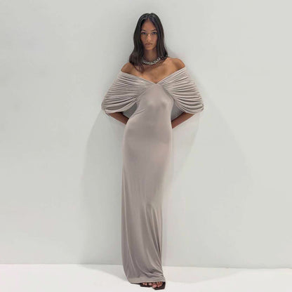Ropa de mujer de primavera, sexy, hombros descubiertos, manga delgada, color sólido, vestido maxi para mujer