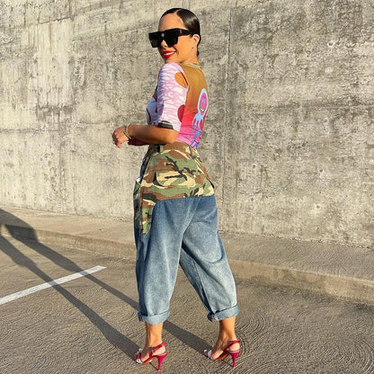 Women Clothing Trendy Denim Camouflage Contrast Color Personality Stickers Bags Straight Pants for Women - Wanita Store