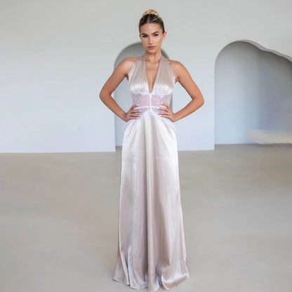 Summer Elegant Deep V Plunge Silky Satin Dress Stitching Halter Waist Tight Sexy Dress - Wanita Store