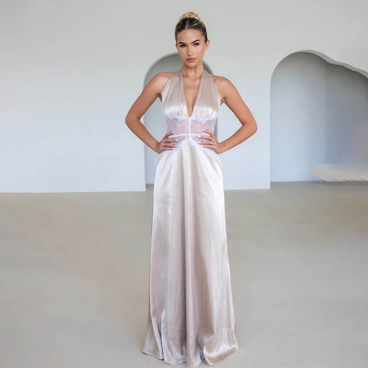 Summer Elegant Deep V Plunge Silky Satin Dress Stitching Halter Waist Tight Sexy Dress