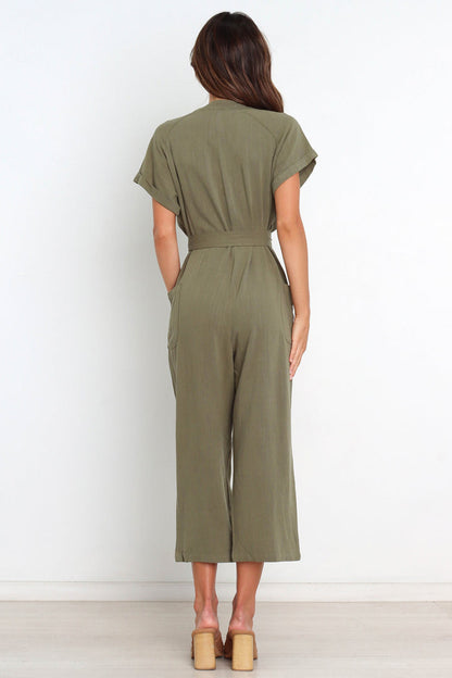 Summer Solid Color Pocket Sexy V Neck Cropped Wide Legged Jumpsuit Women - Wanita Store